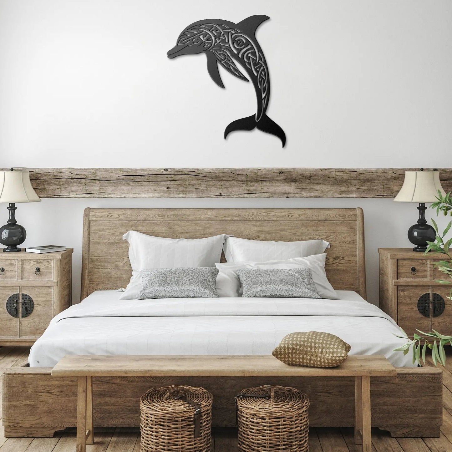 Black Metal Art Sign of a Celtic Designed Dolphin jumping in a bedroom setting.