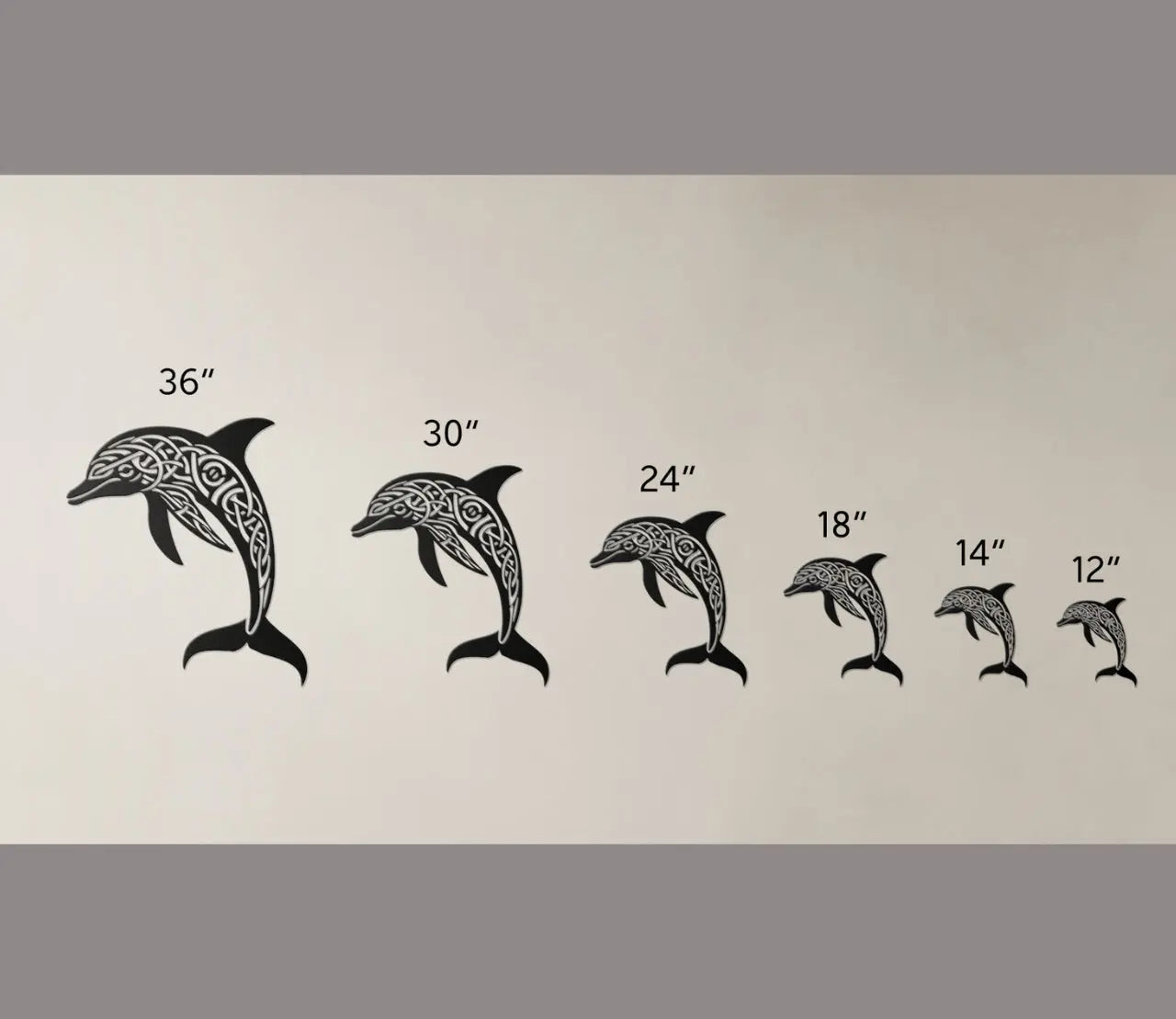 Size Chart for metal wall art featuring a dolphin silhouette with detailed Celtic knot design inside, crafted from steel and available in various sizes and colors.