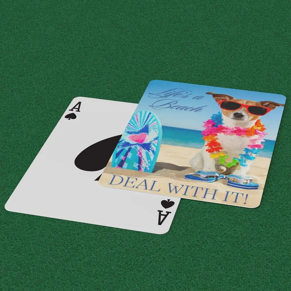 These high-quality playing cards feature an adorable chihuahua decked out in sunglasses, a lei, and flip flops on the beach.