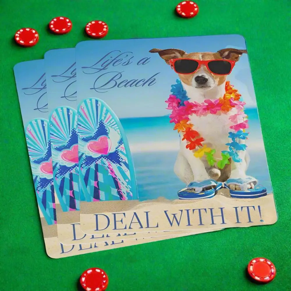 These high-quality playing cards feature an adorable chihuahua decked out in sunglasses, a lei, and flip flops on the beach.