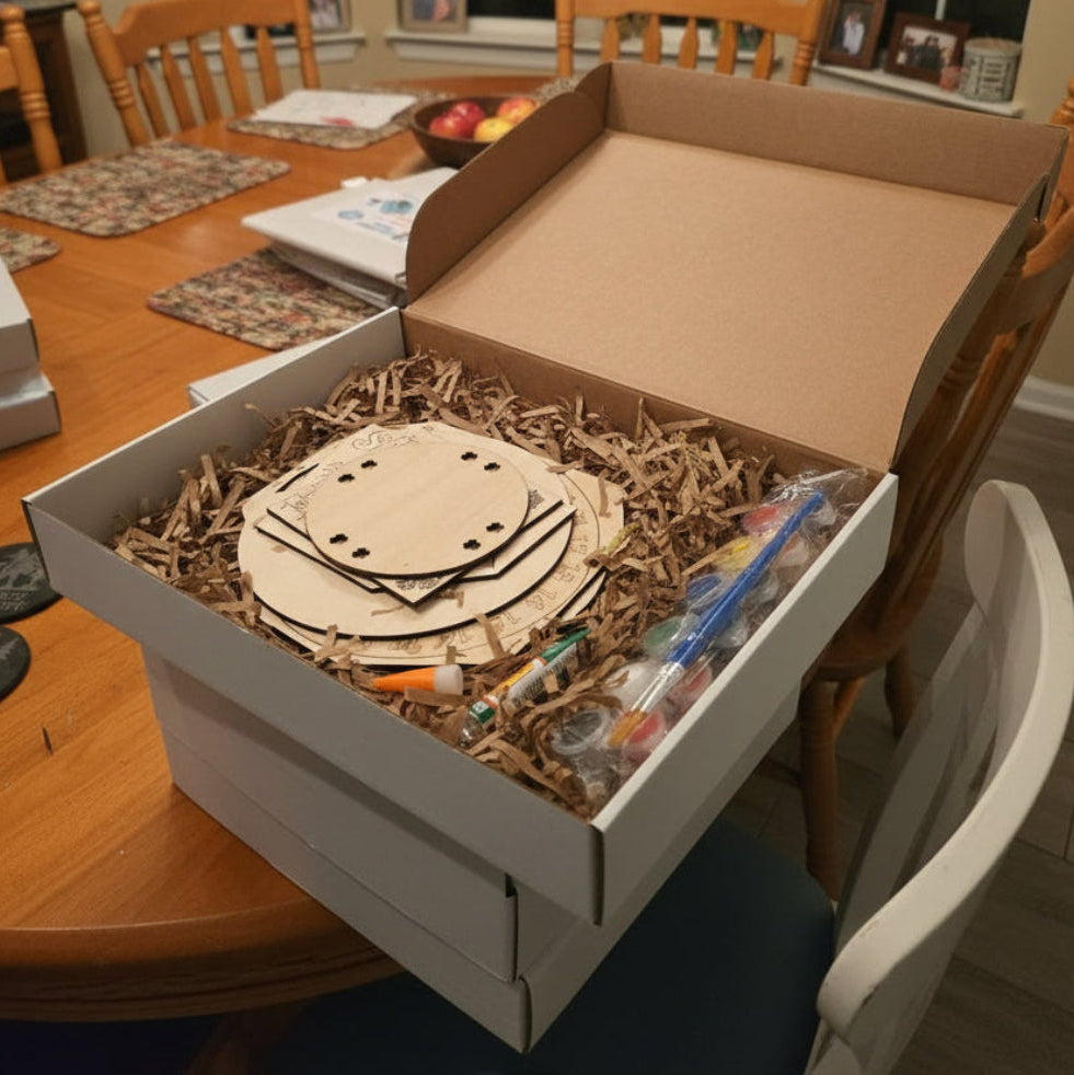 Open cardboard box with a wooden product inside on a desk.