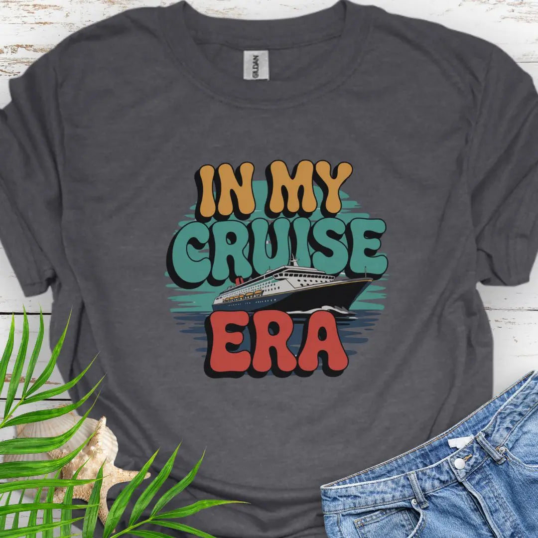 A cruise ship with retro font In My Cruise Era in Dark Heather.