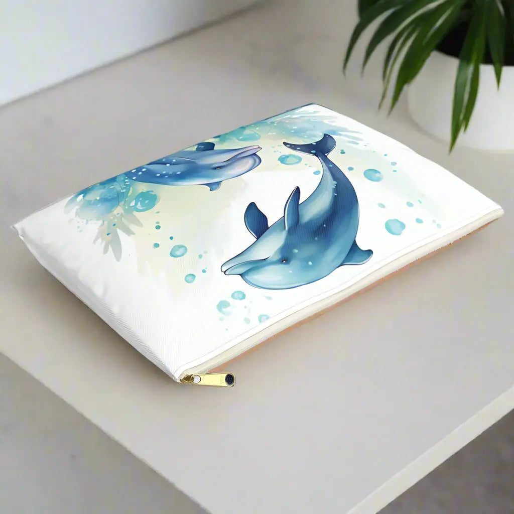 Our Dancing Dolphins Accessory Pouch constructed from a durable material with a zipper closure featuring two dolphins splashing out of the water on a white background. Available in small or large.