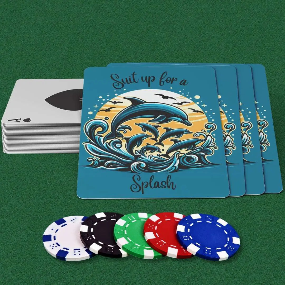 Deck of playing cards featuring a vibrant dolphin pod design with the phrase 'Suit Up for a Splash.' Perfect for ocean lovers, beach enthusiasts, and game nights, these high-quality cards make a fun and unique gift.