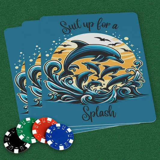 Deck of playing cards featuring a vibrant dolphin pod design with the phrase 'Suit Up for a Splash.' Perfect for ocean lovers, beach enthusiasts, and game nights, these high-quality cards make a fun and unique gift.