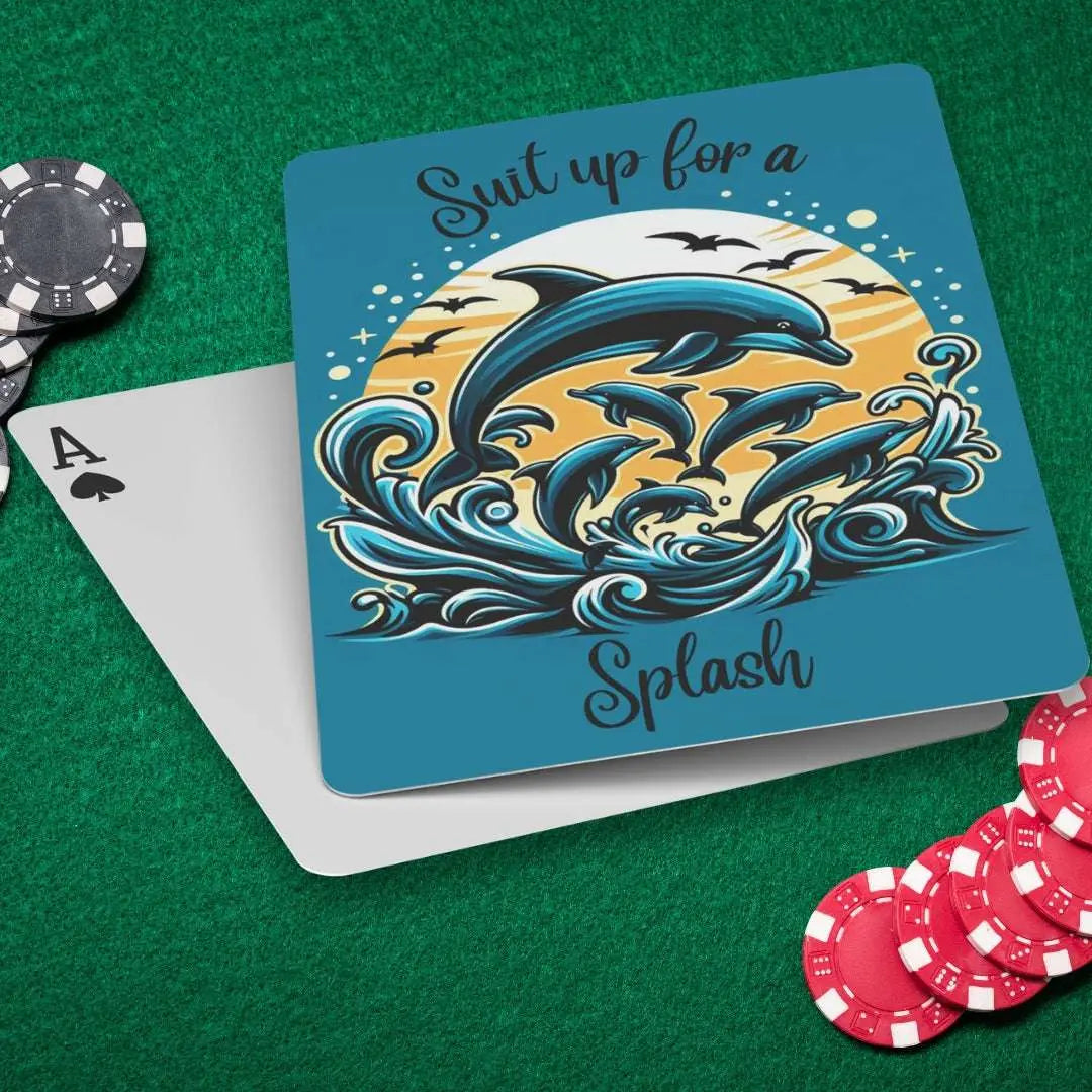 Deck of playing cards featuring a vibrant dolphin pod design with sun background and the phrase 'Suit Up for a Splash.' Perfect for ocean lovers, beach enthusiasts, and game nights, these high-quality cards make a fun and unique gift.