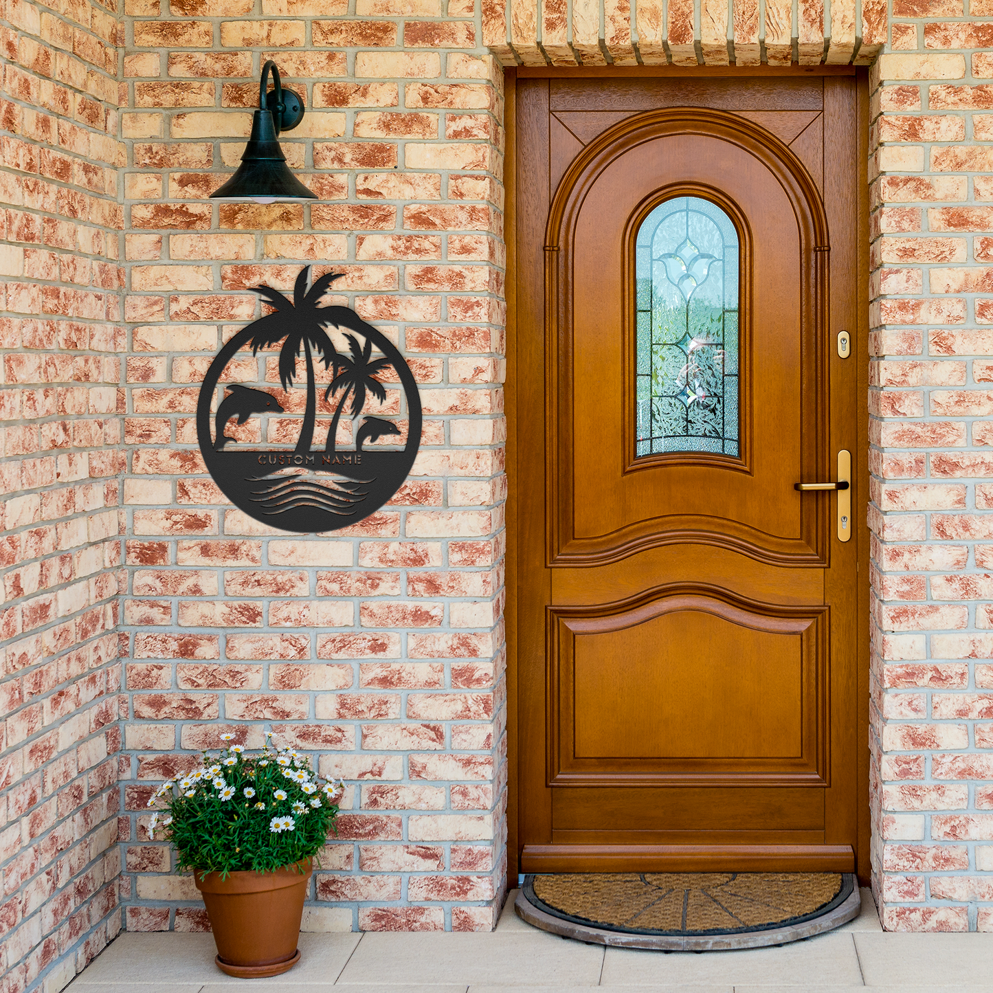 Dolphin_Paradise_Metal_Sign_Black_Brick_Entrance_Mockup.png