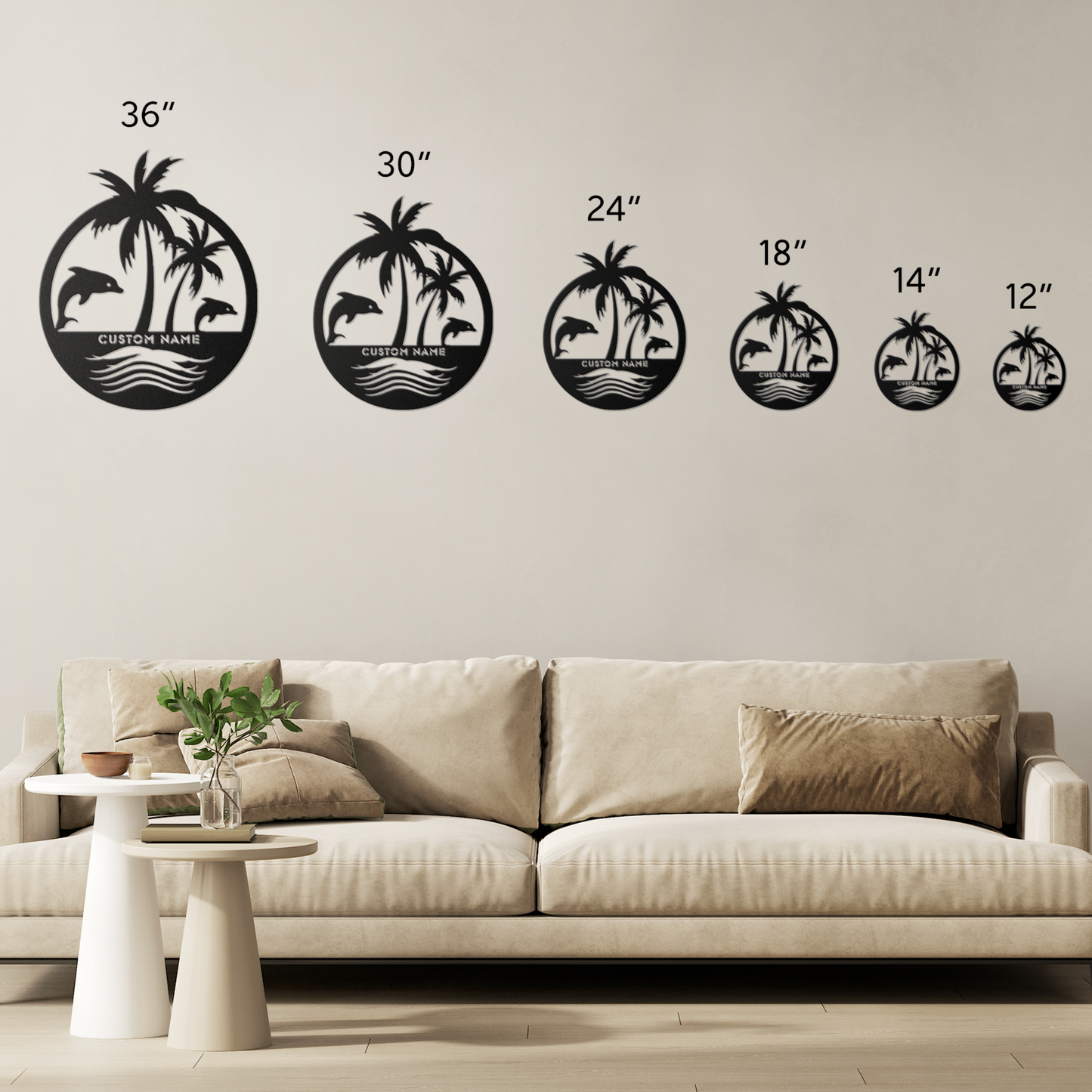 Size Chart for custom metal wall art featuring two dolphins jumping near palm trees with space for a family name, established year, or custom phrase in various sizes and colors.