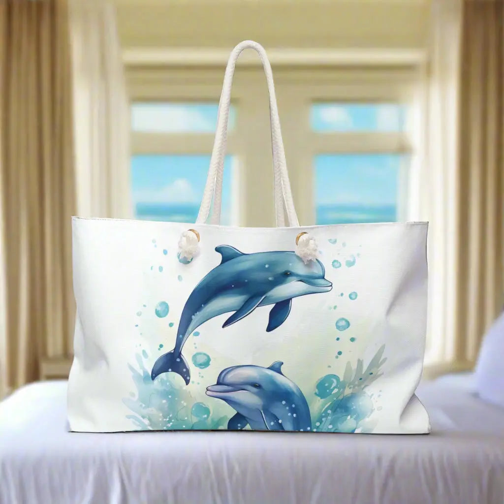 Our Dolphin Dancer Weekender Bag features two dolphins splashing out of the water with a white background. Large bag with durable rope handles help in with gold grommets. Perfect bag for weekend trips, beach bag, and summer vacation!