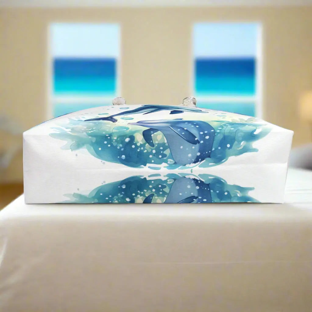 Our Dolphin Dancer Weekender Bag features two dolphins splashing out of the water with a white background. Large bag with durable rope handles help in with gold grommets. Perfect bag for weekend trips, beach bag, and summer vacation!
