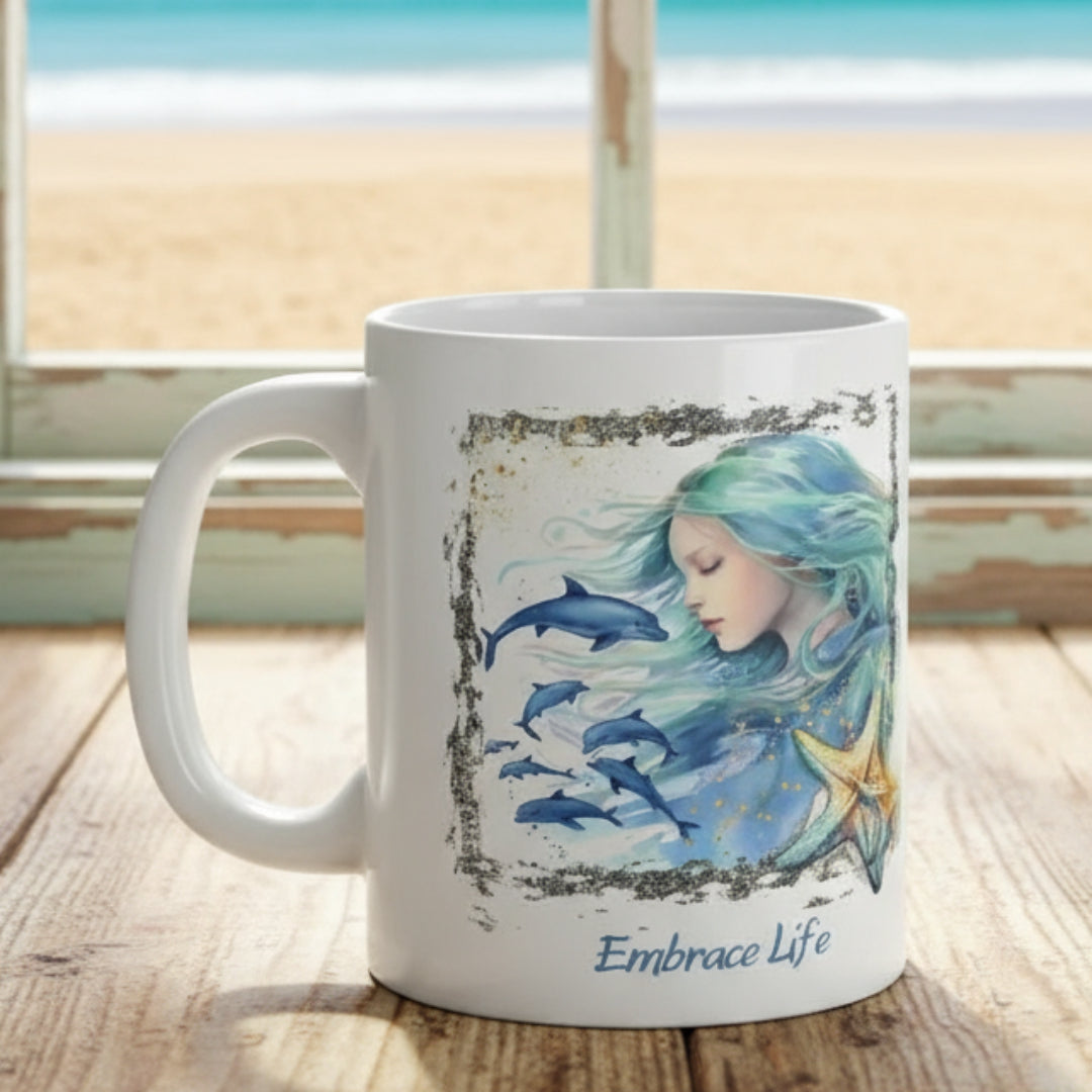 Two White 11 oz Ceramic Mug with a mermaid and swimming dolphins gives a mystical and positive vibe with the text Embrace Life - ideal for those who love the beach and marine life!