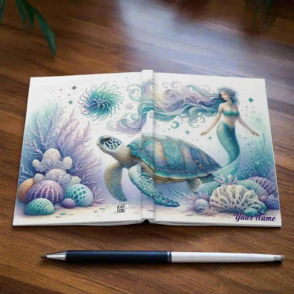Hardcover Journal with mermaid and sea turtle underwater with sea shells and plant life in purple and aqua colors opened flat lay.