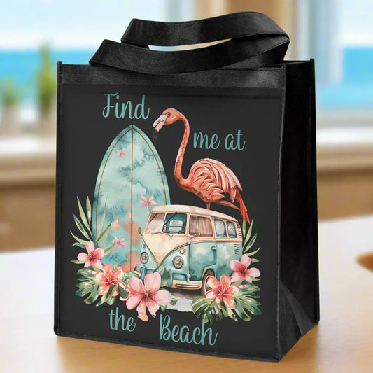 Tropical flamingo black tote bag with vintage van, surfboard, and beach vibe, reusable and eco-friendly.