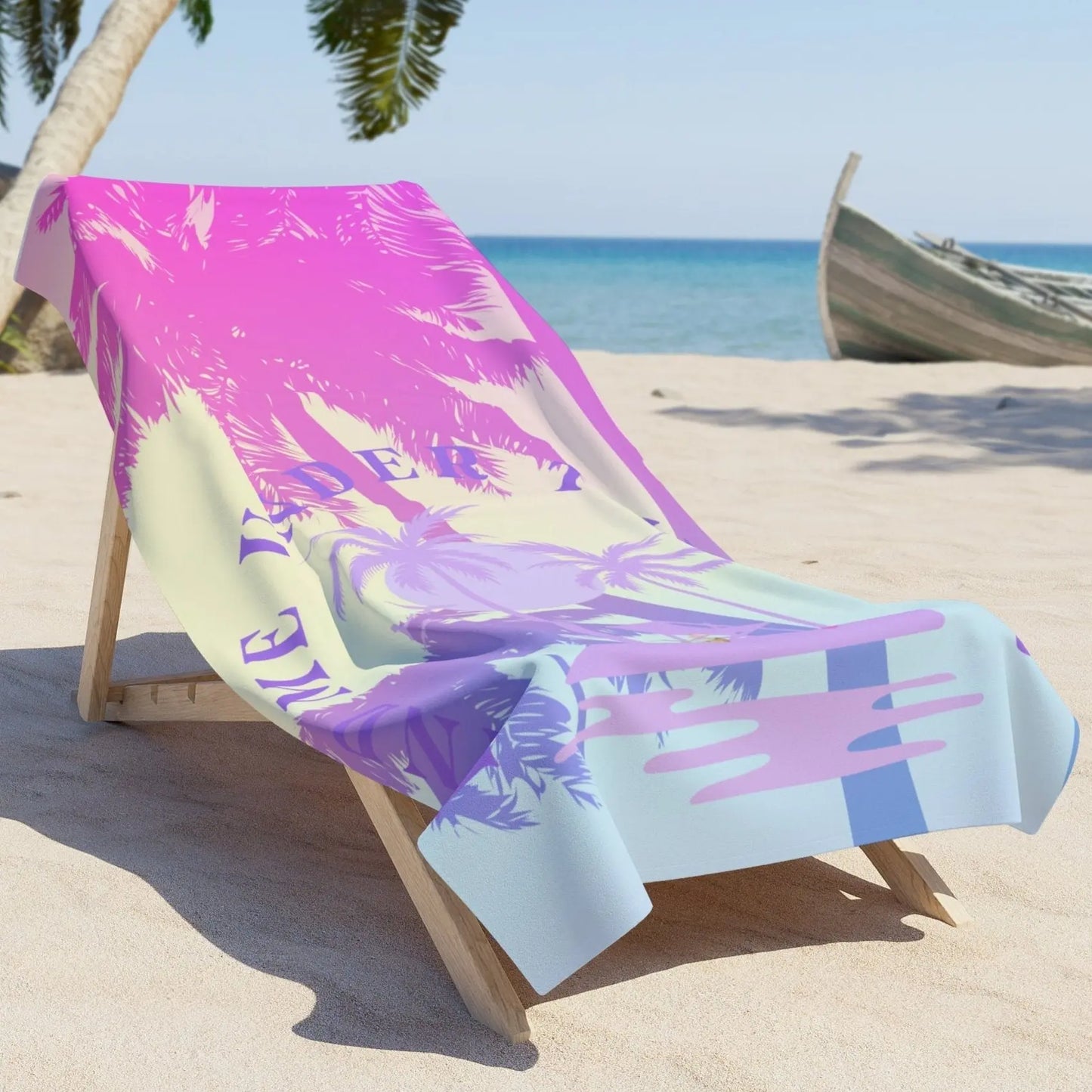 Beach towel with purple and pink beach design with palm trees and lounge chair on beach with text Find Me Under the Palms laying over beach chair on the beach.