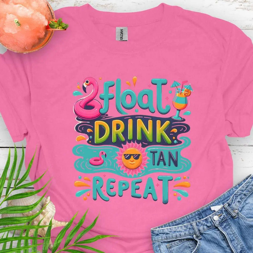 Our Float Drink Tan Repeat Azalea T-shirt is the ultimate vibe for sun-lovers and poolside chillers! Featuring a fun and colorful design with a flamingo floaty, tropical cocktail, and a cool sun rocking shades, this tee screams vacation mode.