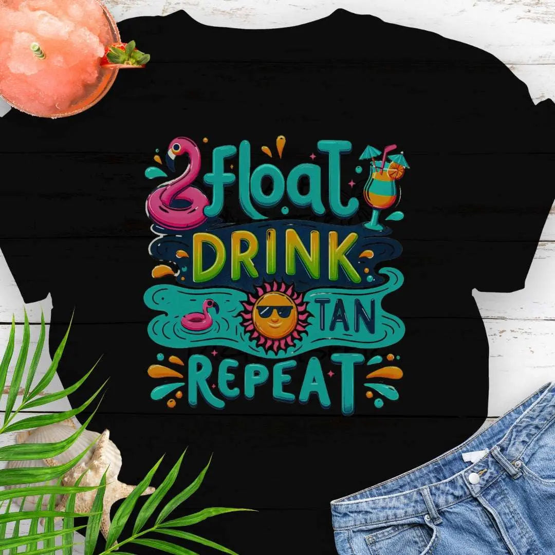 Our Float Drink Tan Repeat Black T-shirt is the ultimate vibe for sun-lovers and poolside chillers! Featuring a fun and colorful design with a flamingo floaty, tropical cocktail, and a cool sun rocking shades, this tee screams vacation mode.