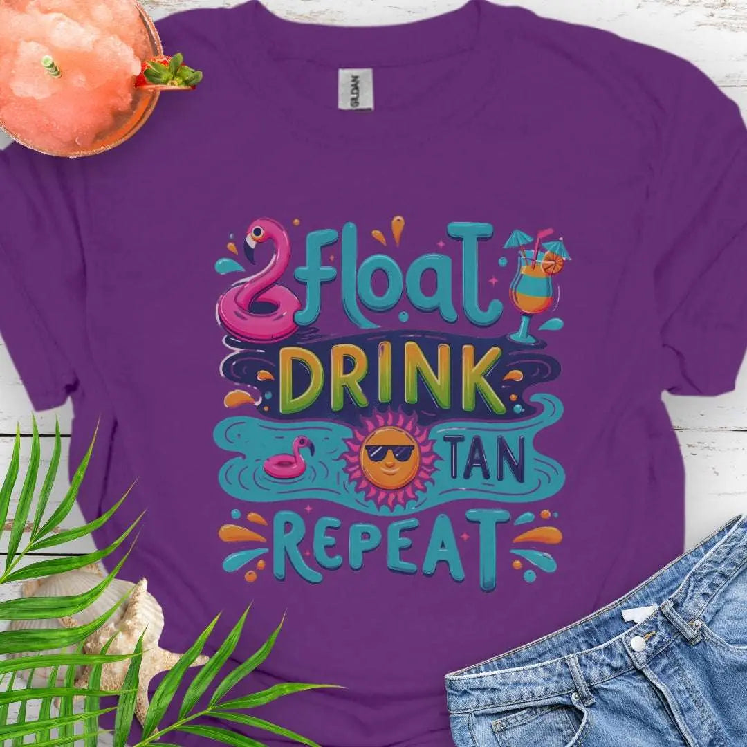 Our Float Drink Tan Repeat Purple T-shirt is the ultimate vibe for sun-lovers and poolside chillers! Featuring a fun and colorful design with a flamingo floaty, tropical cocktail, and a cool sun rocking shades, this tee screams vacation mode.