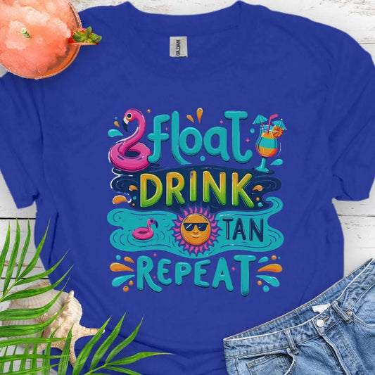 Our Float Drink Tan Repeat Royal Blue T-shirt is the ultimate vibe for sun-lovers and poolside chillers! Featuring a fun and colorful design with a flamingo floaty, tropical cocktail, and a cool sun rocking shades, this tee screams vacation mode.