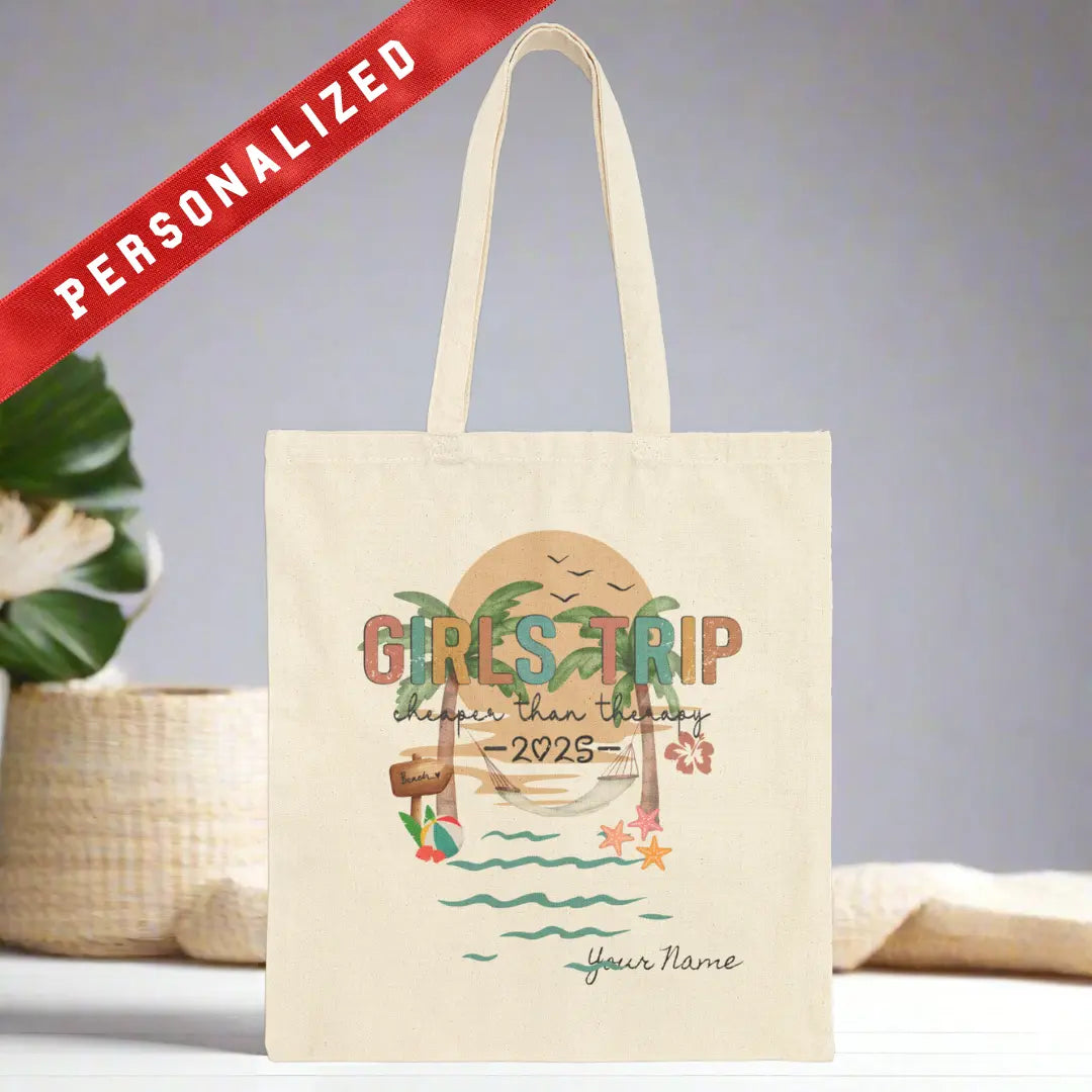 Girl's Trip Therapy 2025 Tote Bag | Personalized Bags Natural-15-x-16 Everythings Beachy