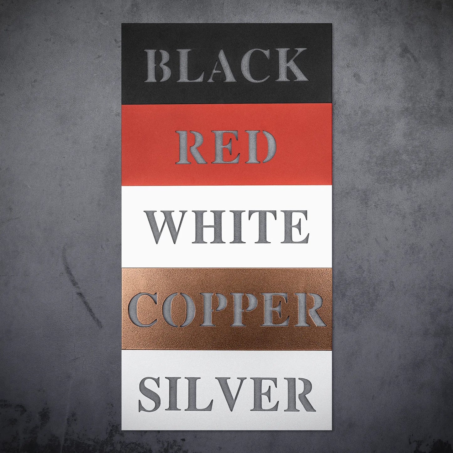 Color Swatch Chart for Metal wall art featuring the phrase “Gone Fishing” with a fishing rod and fish silhouette, crafted from steel and available in multiple sizes and finishes.