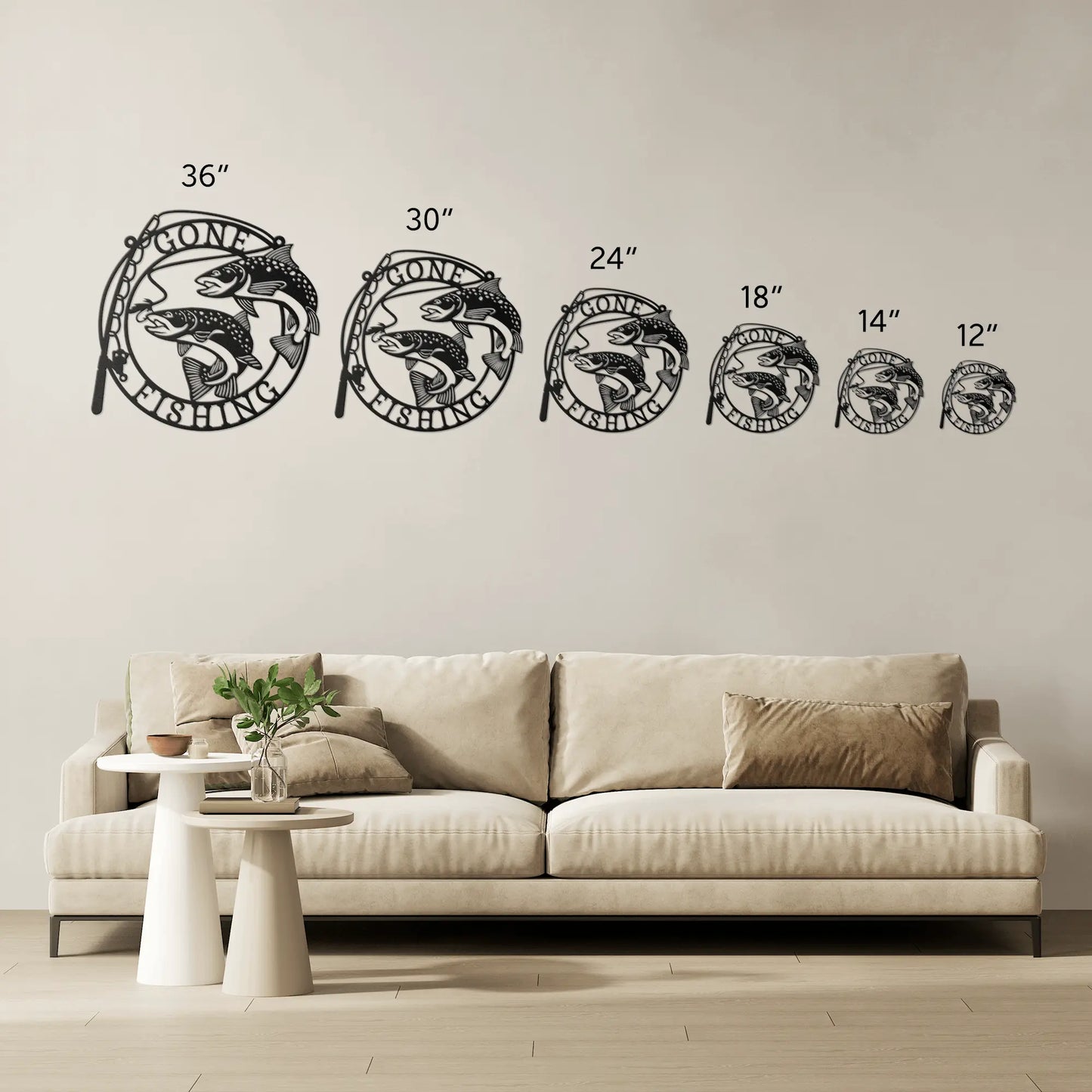 Size Chart for Metal wall art featuring the phrase “Gone Fishing” with a fishing rod and fish silhouette, crafted from steel and available in multiple sizes and finishes.