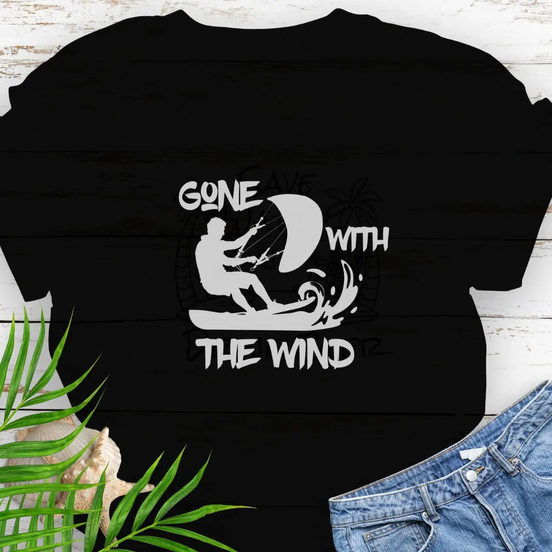 Black T-shirt with a windsurfer and the text Gone With the Wind.
