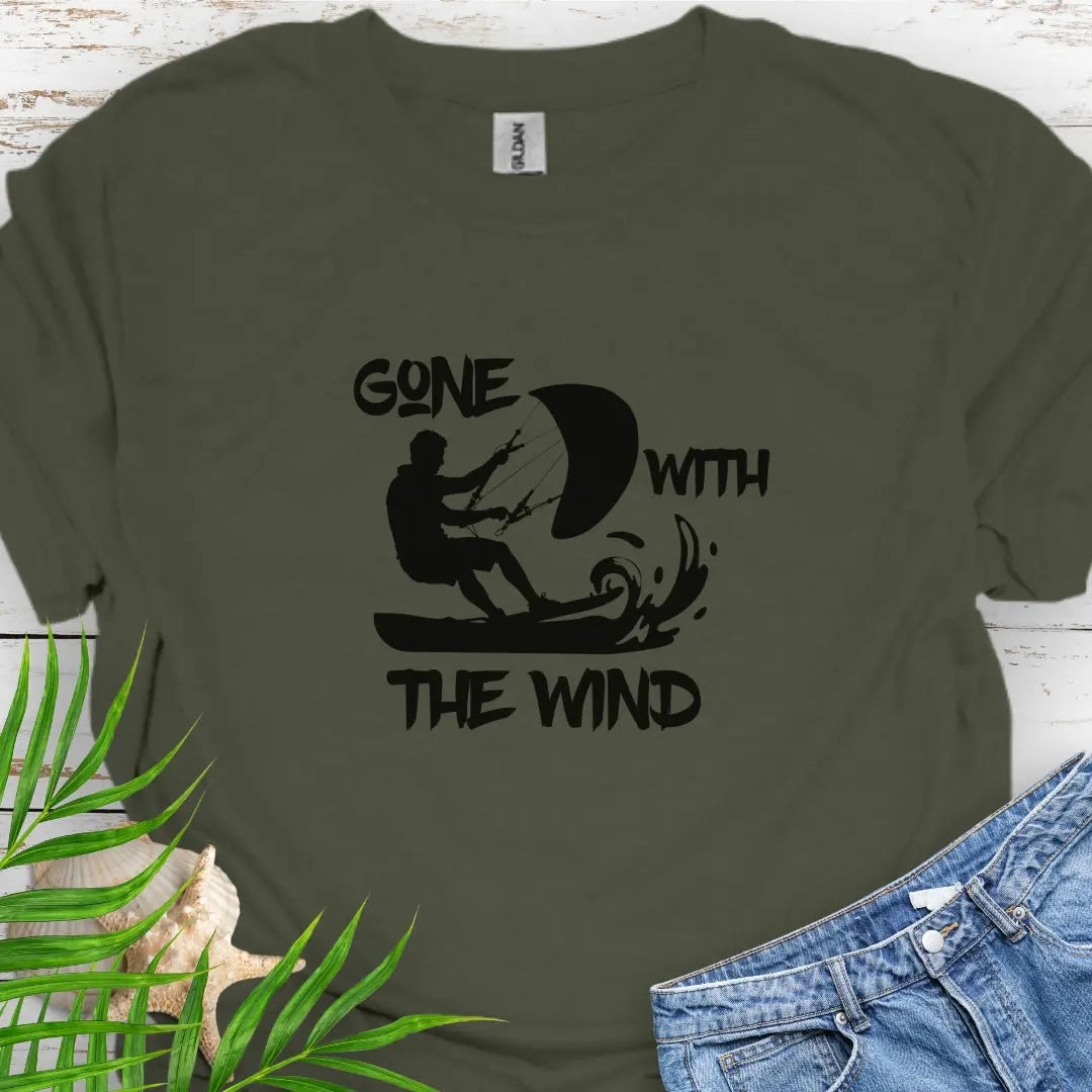 Military Green T-shirt with a windsurfer and the text Gone With the Wind.