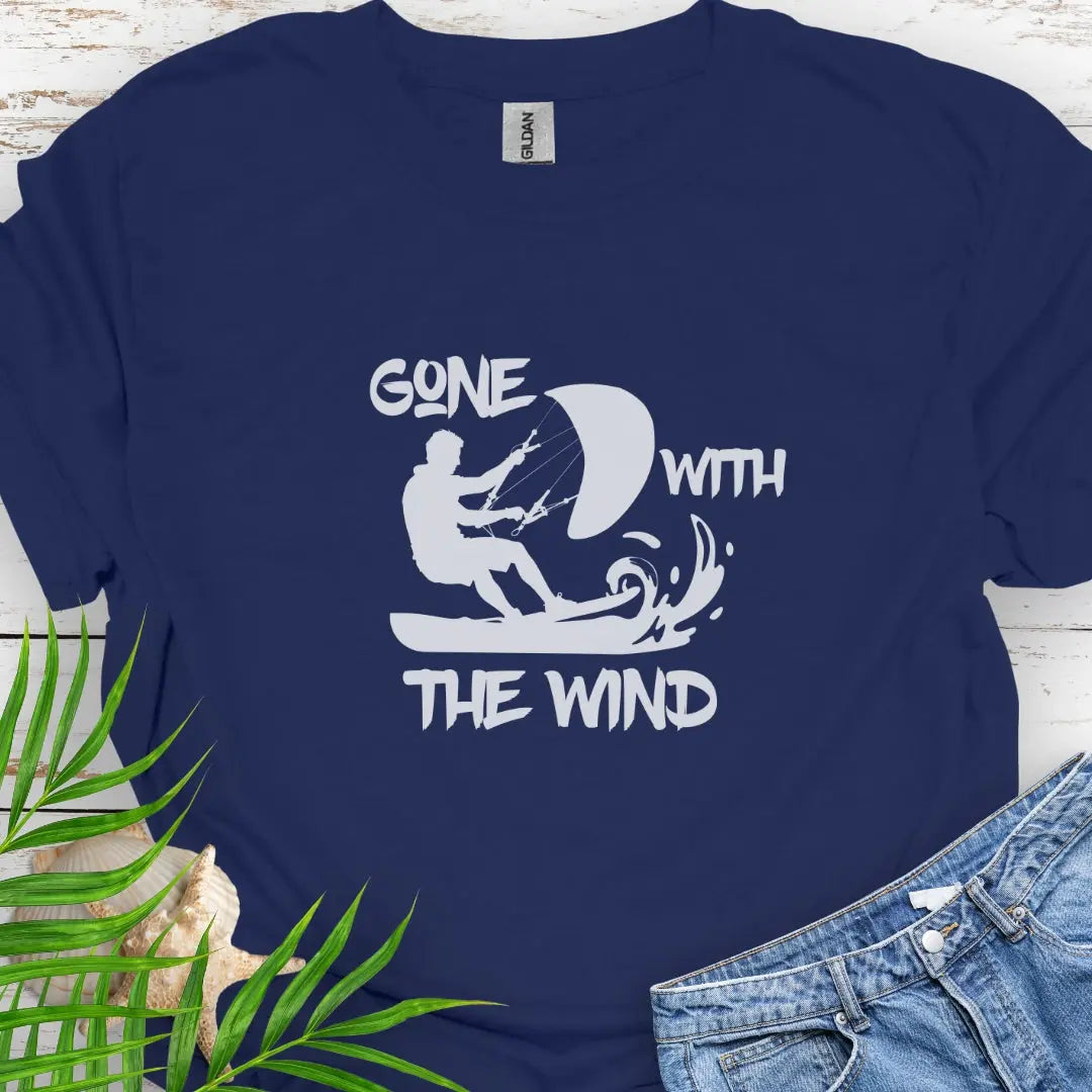Navy Blue T-shirt with a windsurfer and the text Gone With the Wind.