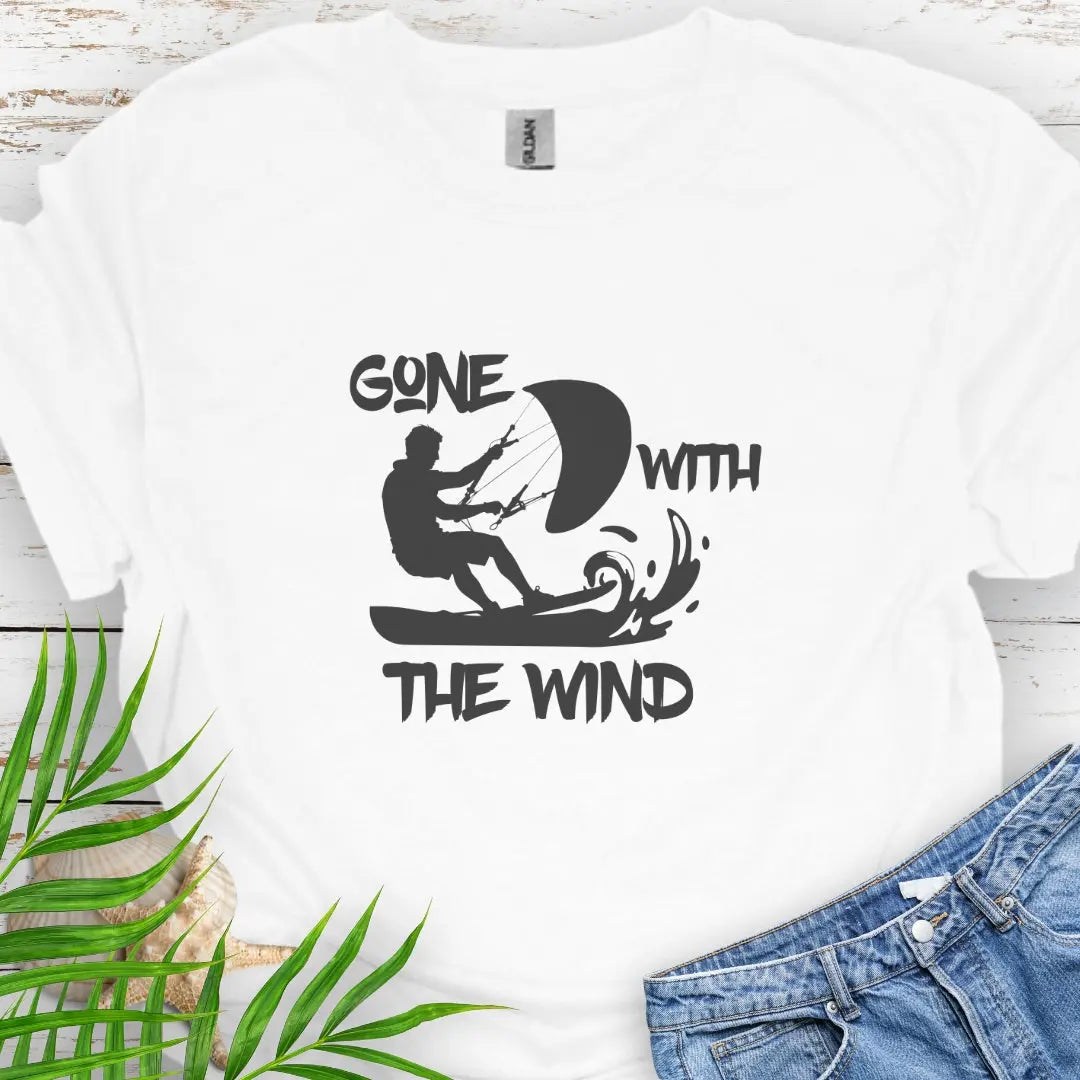 White T-shirt with a windsurfer and the text Gone With the Wind.