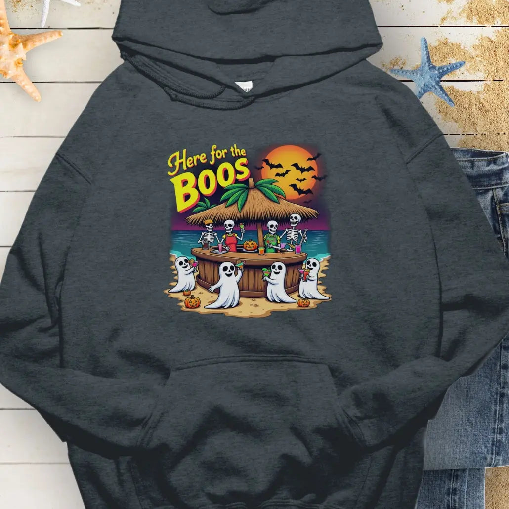 Dark Heather Hoodie with ghosts drinking at a tiki bar with the text Here for the Boos
