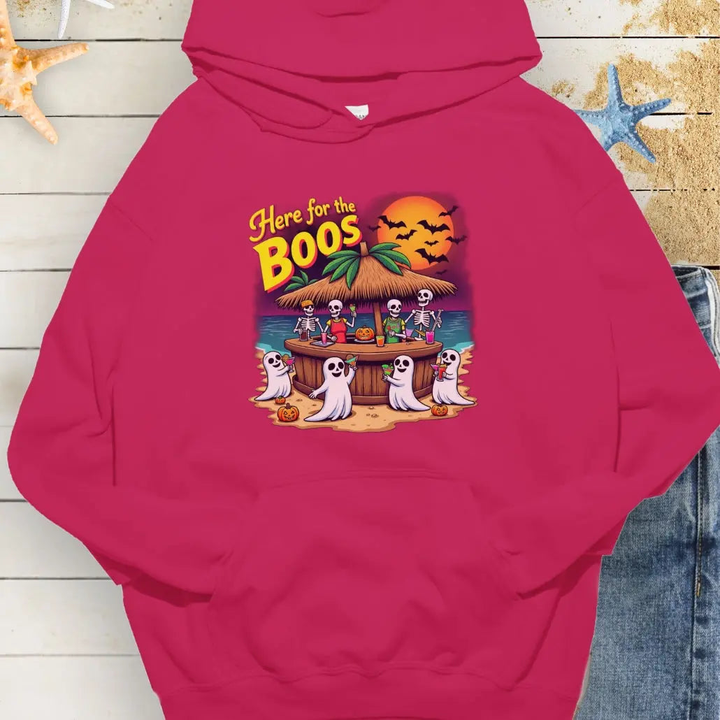 Heliconia Hoodie with ghosts drinking at a tiki bar with the text Here for the Boos