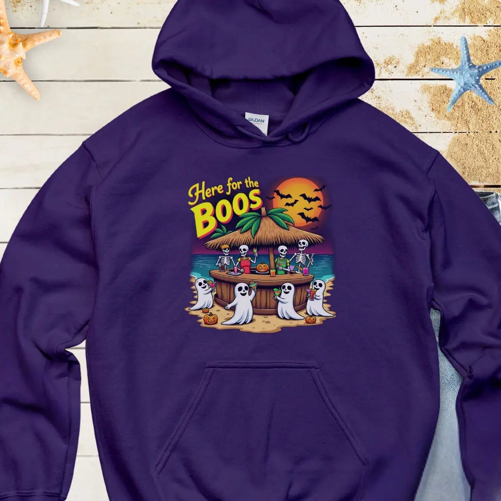 Navy Hoodie with ghosts drinking at a tiki bar with the text Here for the Boos