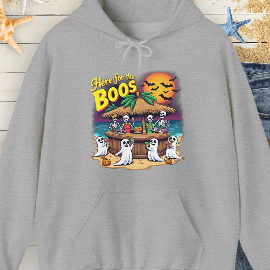 Gray Hoodie with ghosts drinking at a tiki bar with the text Here for the Boos