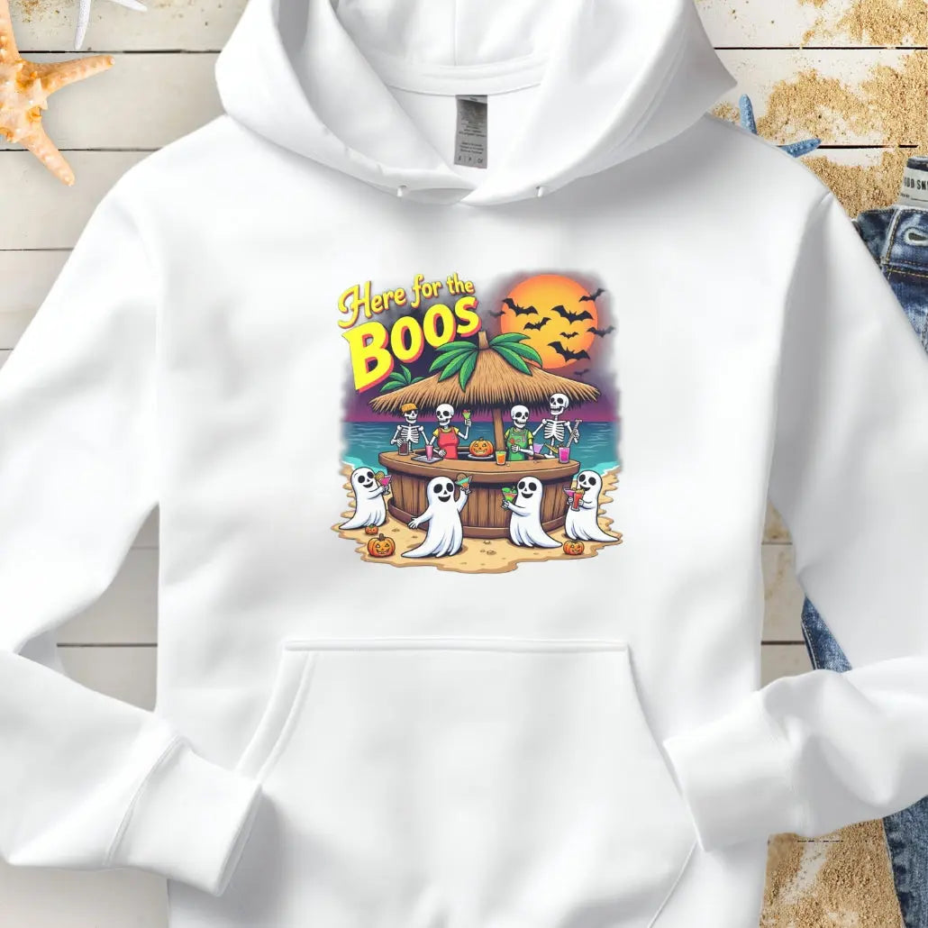 White Hoodie with ghosts drinking at a tiki bar with the text Here for the Boos