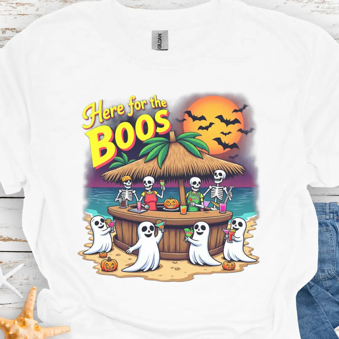 White t-shirt with Skeletons and ghosts drinking at a tiki bar with the text Here for the Boos