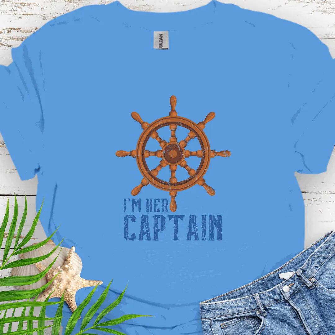 Carolina blue T-shirt featuring a bold ship wheel design and the text 'I'm Her Captain' – nautical couples apparel, beach-themed gift, coastal style t-shirt.
