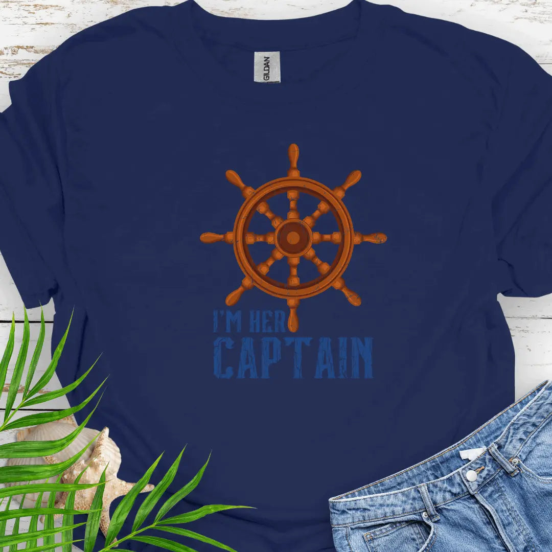 Navy blue T-shirt featuring a bold ship wheel design and the text 'I'm Her Captain' – nautical couples apparel, beach-themed gift, coastal style t-shirt.