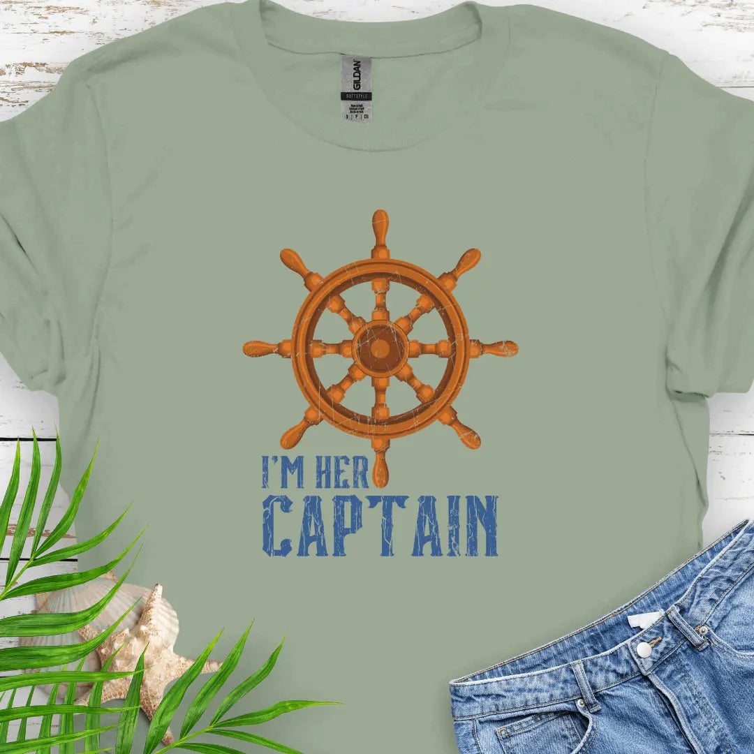 Sage Green T-shirt featuring a bold ship wheel design and the text 'I'm Her Captain' – nautical couples apparel, beach-themed gift, coastal style t-shirt.