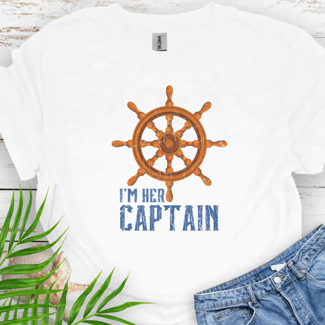 White T-shirt featuring a bold ship wheel design and the text 'I'm Her Captain' – nautical couples apparel, beach-themed gift, coastal style t-shirt.