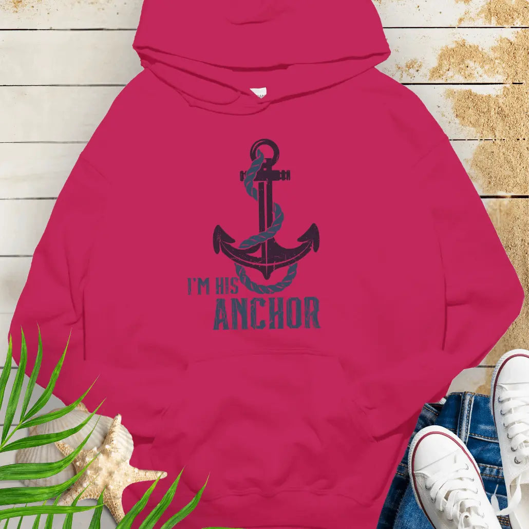 Heliconia hoodie featuring a bold anchor design with a rope wrapped around it and the text 'I'm His Anchor' – nautical couples apparel, beach-themed gift, coastal style hoodie.