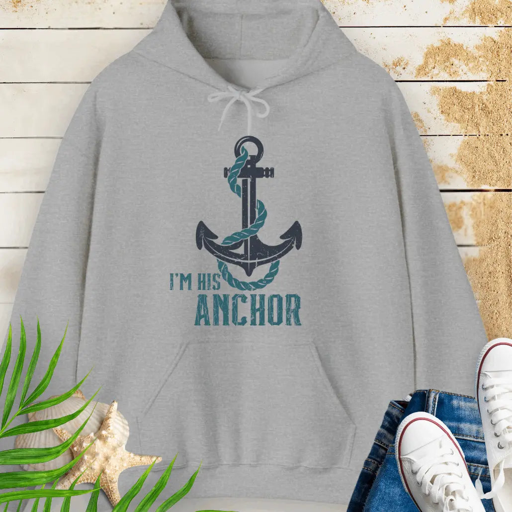 Sport Grey hoodie featuring a bold anchor design with a rope wrapped around it and the text 'I'm His Anchor' – nautical couples apparel, beach-themed gift, coastal style hoodie.