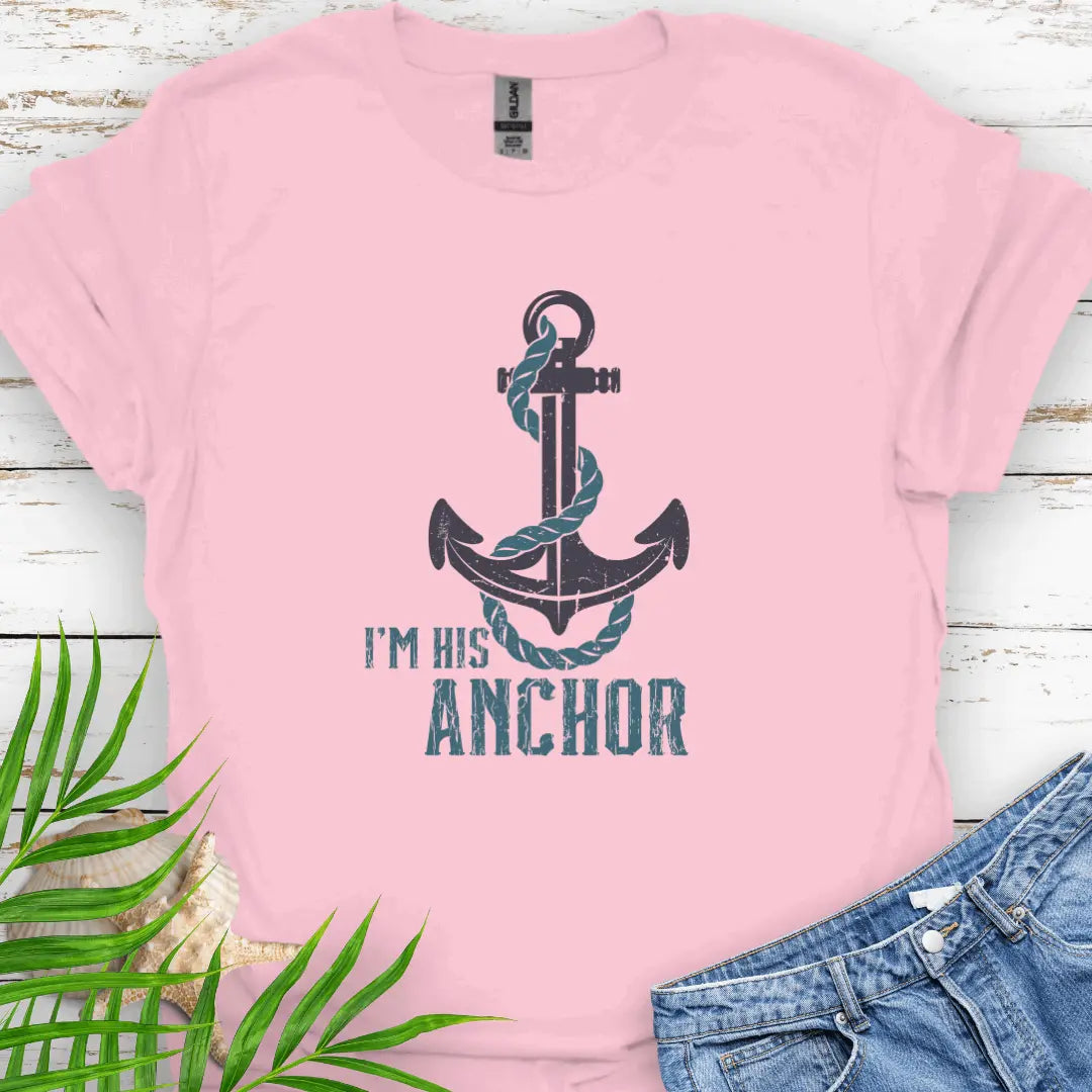 Light Pink T-shirt featuring a bold anchor design with a rope wrapped around it and the text 'I'm His Anchor' – nautical couples apparel, beach-themed gift, coastal style t-shirt.