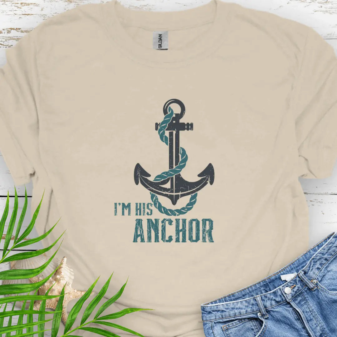 Natural T-shirt featuring a bold anchor design with a rope wrapped around it and the text 'I'm His Anchor' – nautical couples apparel, beach-themed gift, coastal style t-shirt.