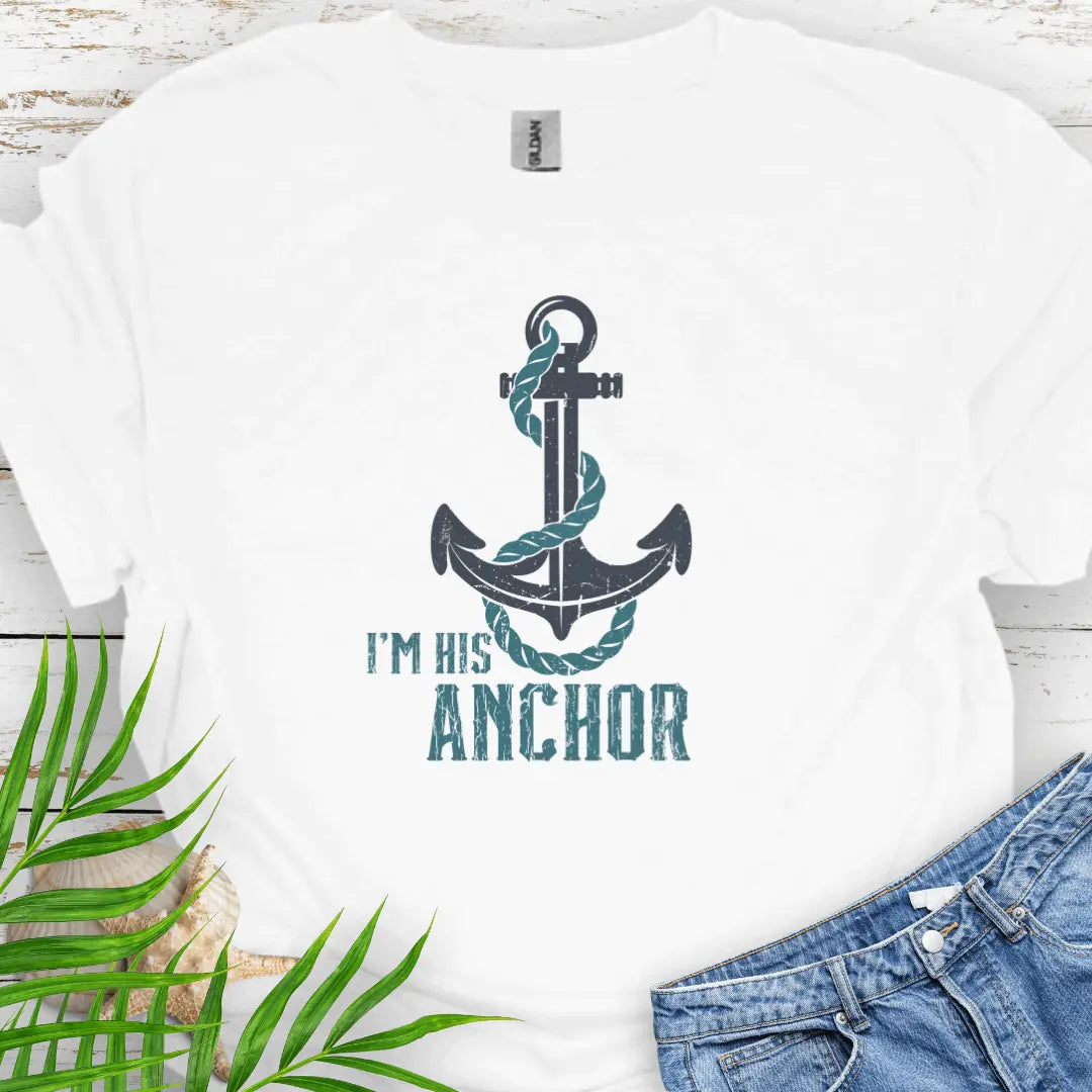 White T-shirt featuring a bold anchor design with a rope wrapped around it and the text 'I'm His Anchor' – nautical couples apparel, beach-themed gift, coastal style t-shirt.