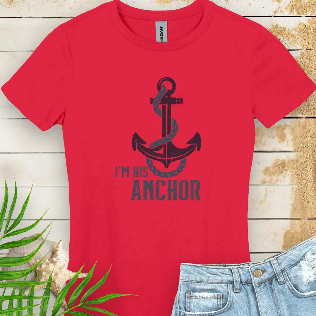 Heliconia Women's T-shirt featuring a bold anchor design with a rope wrapped around it and the text 'I'm His Anchor' – nautical couples apparel, beach-themed gift, coastal style t-shirt.