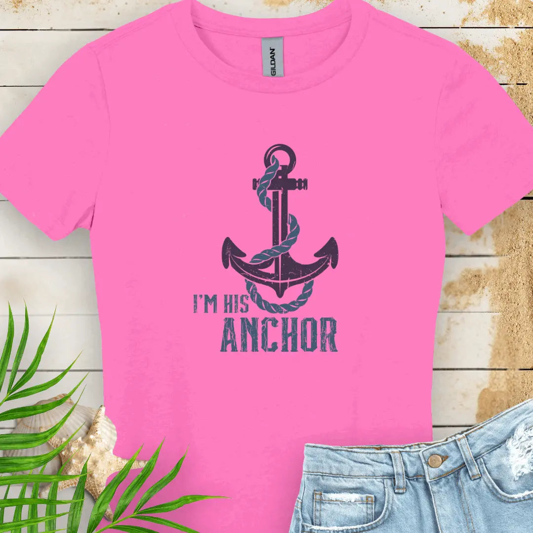 Azalea Women's T-shirt featuring a bold anchor design with a rope wrapped around it and the text 'I'm His Anchor' – nautical couples apparel, beach-themed gift, coastal style t-shirt.