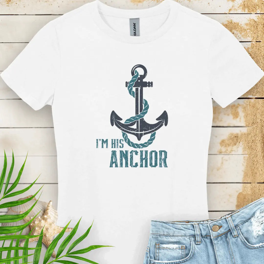 White Women's T-shirt featuring a bold anchor design with a rope wrapped around it and the text 'I'm His Anchor' – nautical couples apparel, beach-themed gift, coastal style t-shirt.