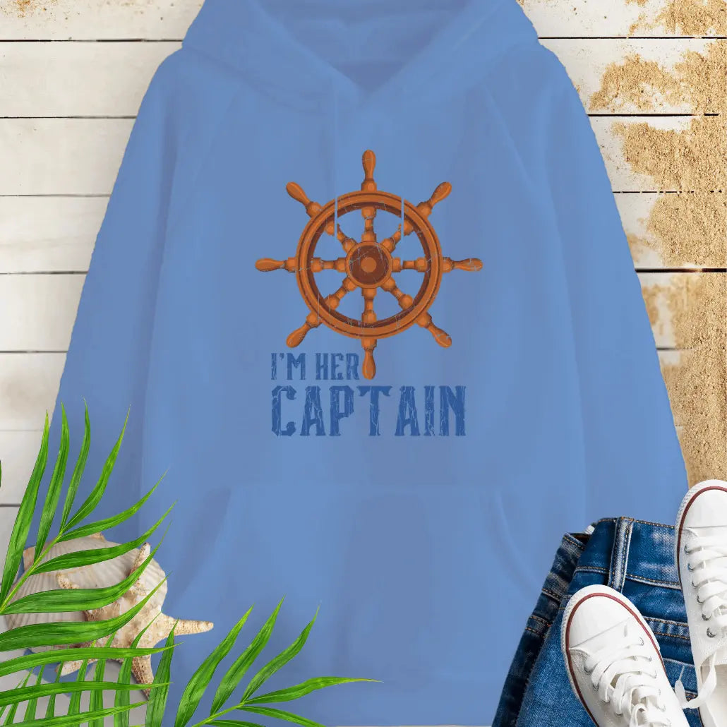 Carolina Blue hoodie featuring a bold ship wheel design and the text 'I'm Her Captain' – nautical couples apparel, beach-themed gift, coastal style hoodie.