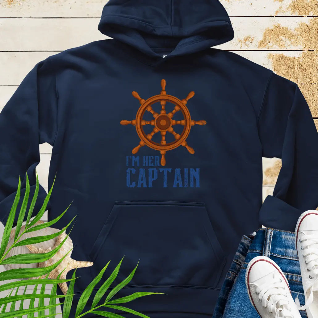Navy blue hoodie featuring a bold ship wheel design and the text 'I'm Her Captain' – nautical couples apparel, beach-themed gift, coastal style hoodie.