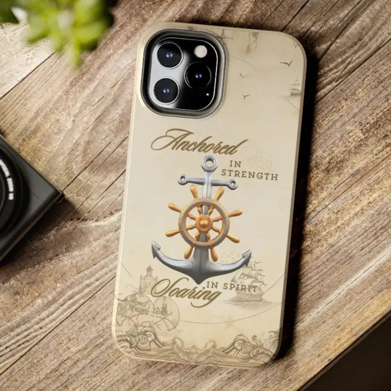 iPhone 12 Pro Max nautical map phone case with anchor with ship wheel and phrase Anchored Hearts Soaring Spirit design for iPhone and Samsung.